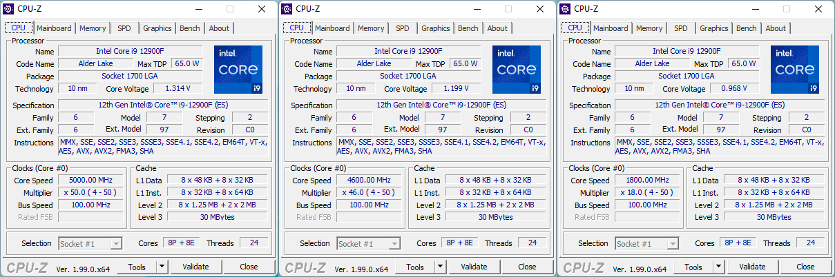 CPU-Z: Les fréquences du Core i9-12900F