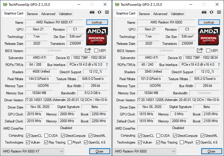 GPU-Z Radeon RX 6800 & 6800 XT